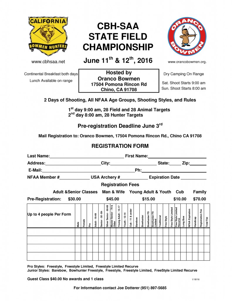 CBH-SAA State Field Championship registration form.