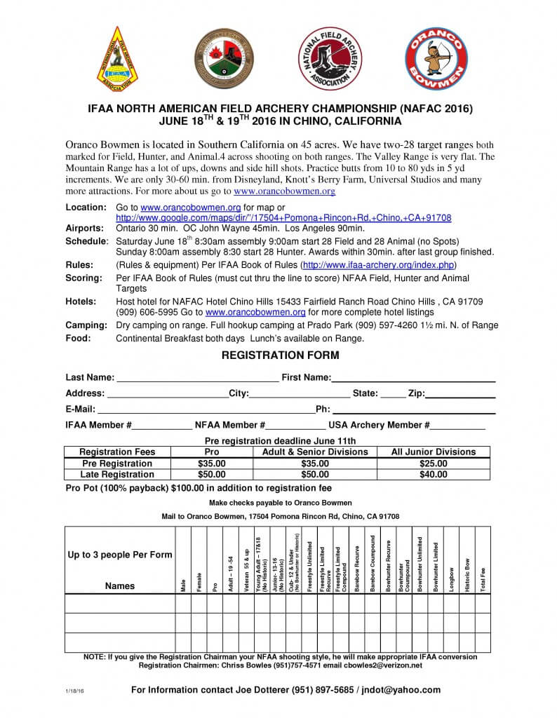 Archery championship registration form, June 2016.