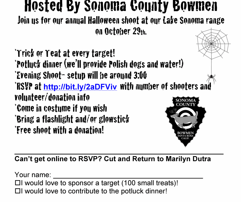 Halloween archery event flyer with RSVP details.