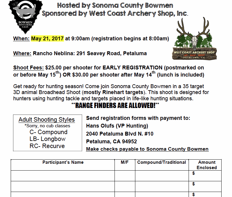 Archery event flyer with registration details.