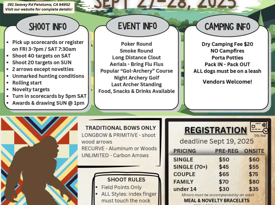 Traditional archery event flyer with registration details.