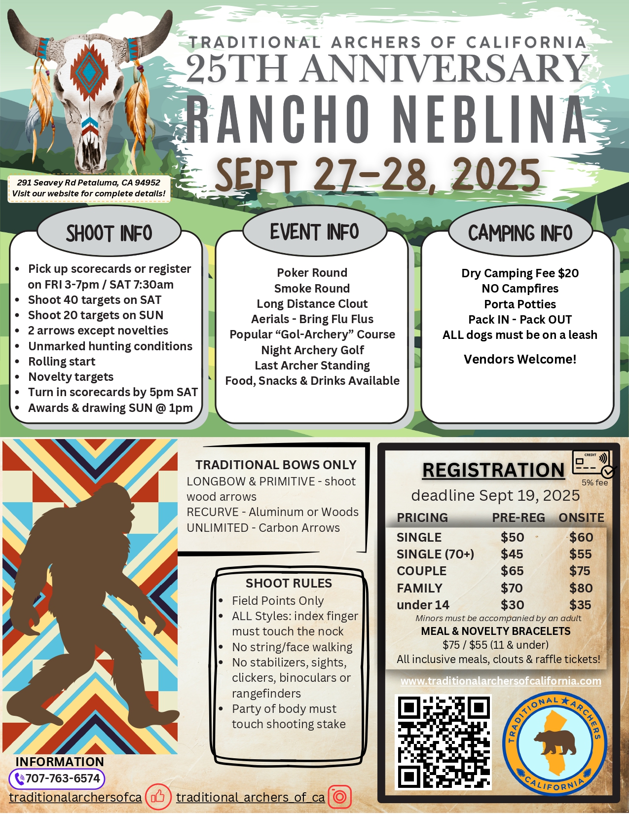 Traditional archery event flyer with registration details.